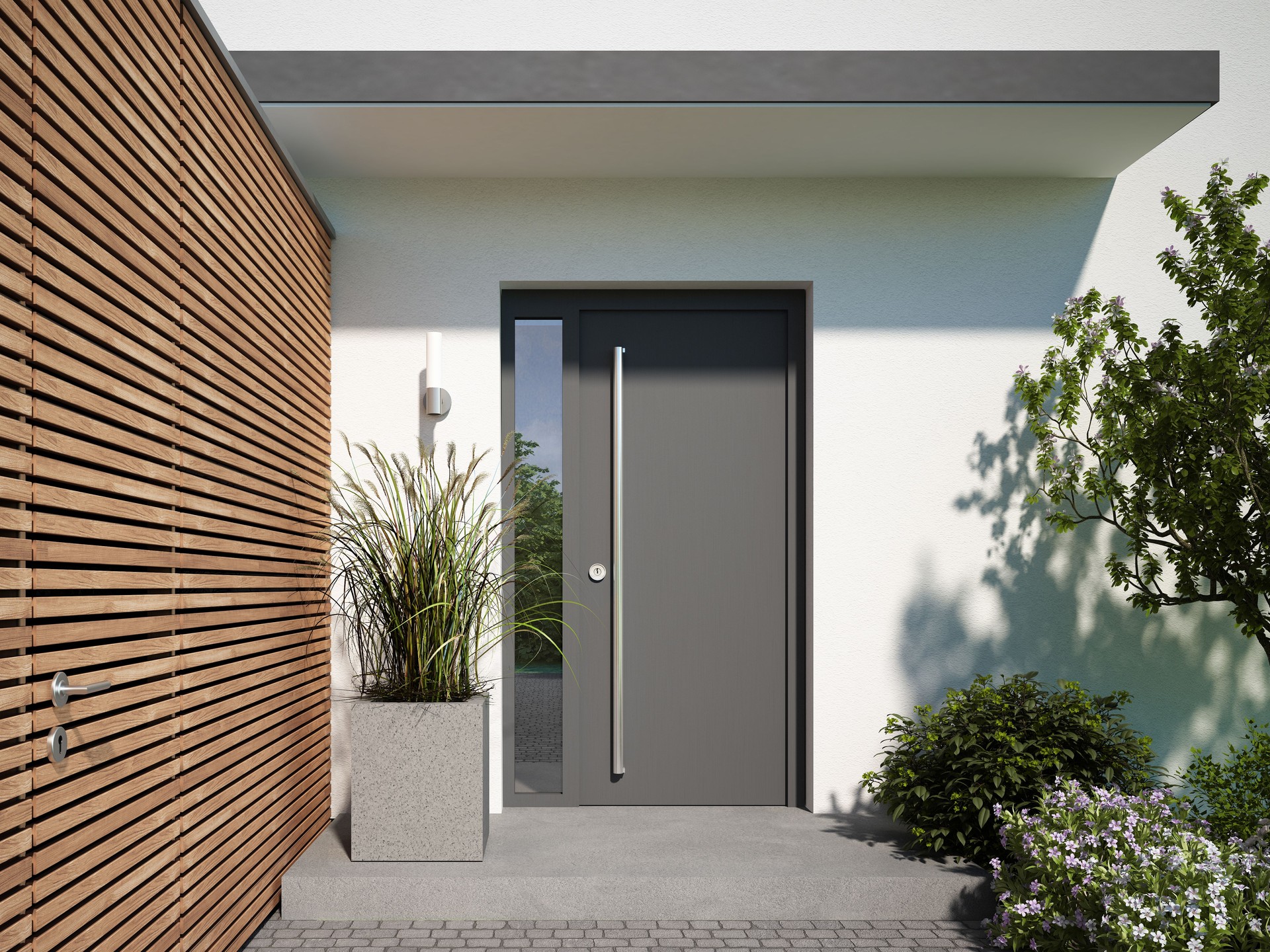 Modern entrance door with canopy and plants